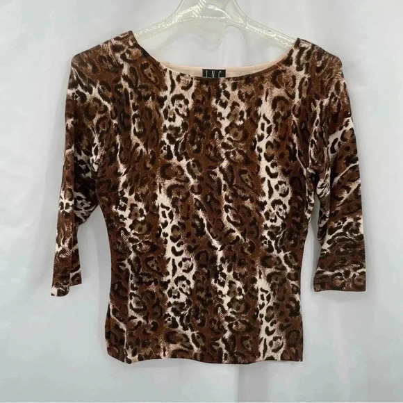 INC International Concepts Women’s Leopard Top Small Petite Brown Black 3/4 Slv - Picture 1 of 11
